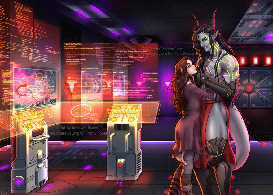 Cover artwork commission for the wonderful author duo - Tiffany Roberts - of their characters Arcanthus - ex-gladiator turned crime lord - and his fated mate Samantha - a sweet, brave human looking for a change of life away from her abusive ex-boyfriend.